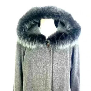 LAUREN MEREN PURE VIRGIN WOOL WITH FUR HOODIE GRAY TRENCH SIZE  S